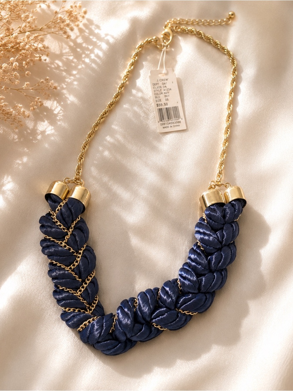 Braided Navy Satin Necklace with Gold Chain Accents - Women Jewelry